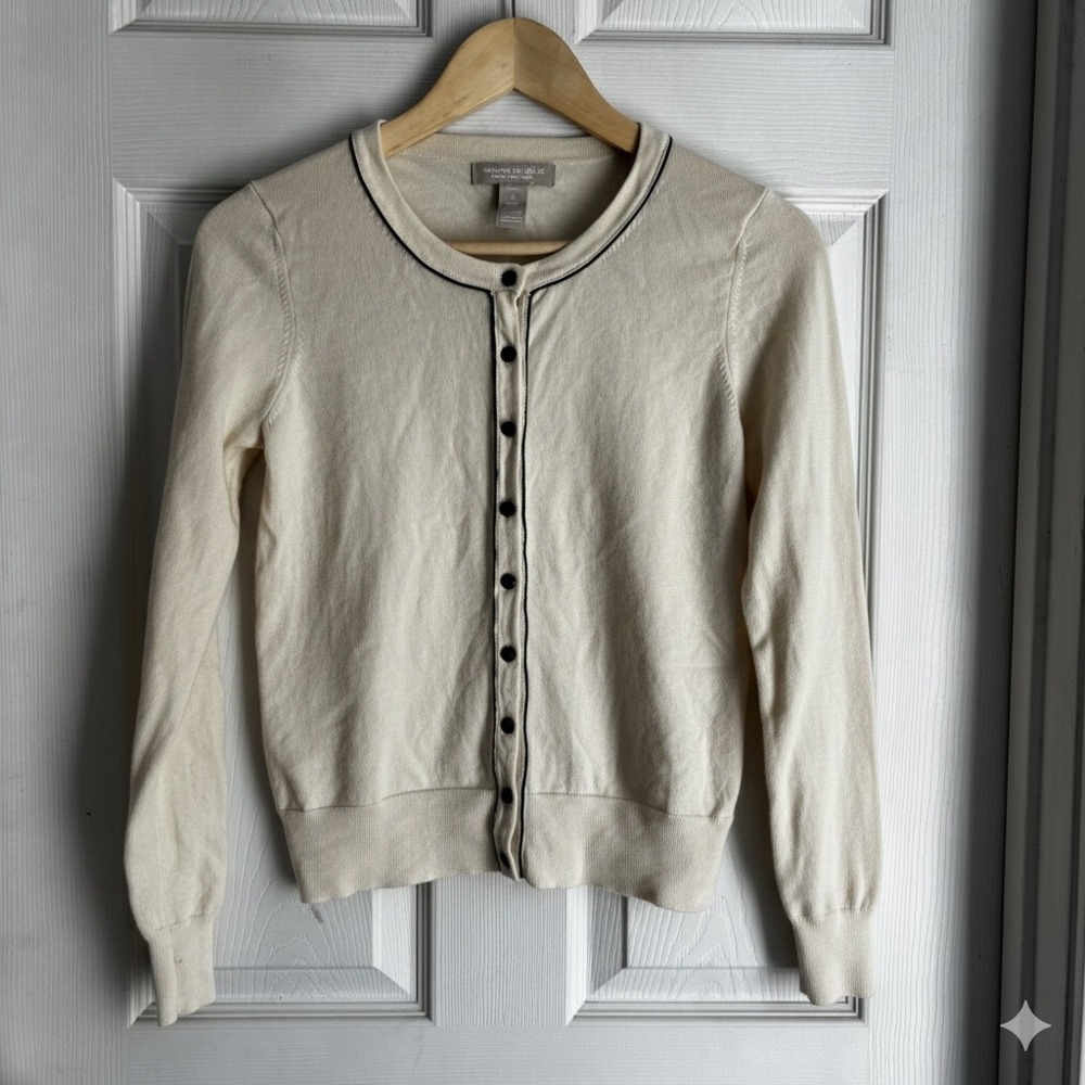 Banana Republic Petite Extra Fine‎ Merino Cardigan Cream Black Trim Button Small